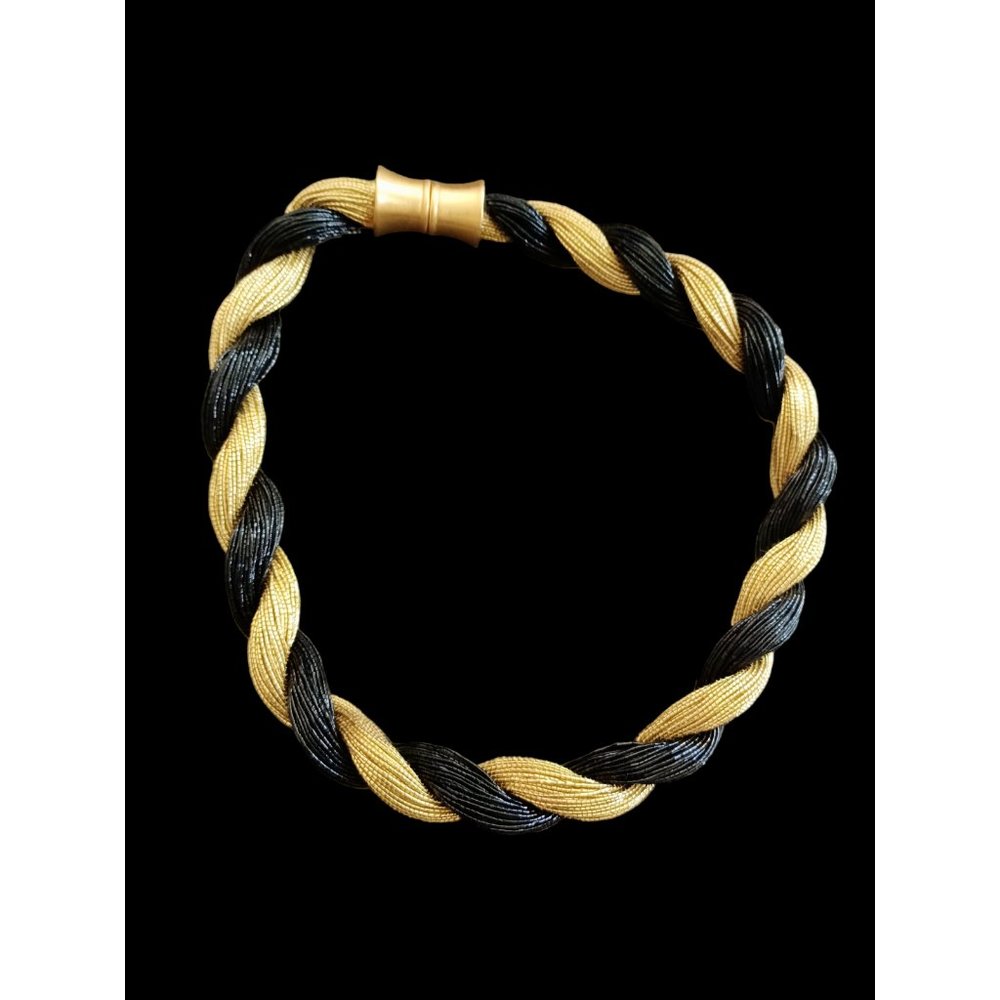 Valerie Peyton Horn 24k Over Brass Black Gold Seed Bead Twist 18.25" Necklace